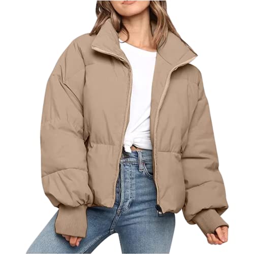 Himythe Women's Winter Long Sleeve Stand Collar Zip Puffer Jacket Baggy Short Down Padded Coats(0181-Khaki-S) #TOP10