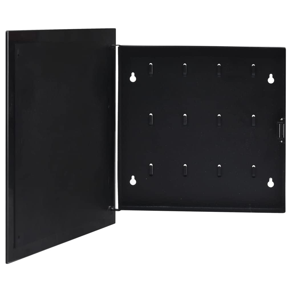 Cassetta portachiavi con lavagna magnetica, nera, 35 x 35 x 4 cm, in acciaio verniciato a polvere, 12 ganci per chiavi, in vetro temperato, porta magnetica per ufficio, casa, organizzazione e