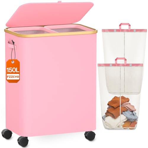 Image of Double Laundry Basket with Wheels and Lid, 150L Clothes Hampers for Laundry | Large Laundry Hamper with 2 Sections & Removable Liner Bags, Rolling Dirty Clothes Basket for Bedroom Bathroom Dorm College