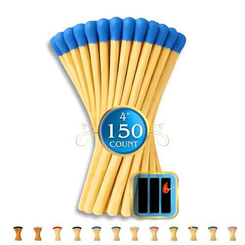 Image of 150 Count | 4 inch Blue Matches | Strikers Included | Color Tip Wooden Match | Refill for Matchstick Jars, Cloche Display, Holders & Bottles | 4 in inches Long