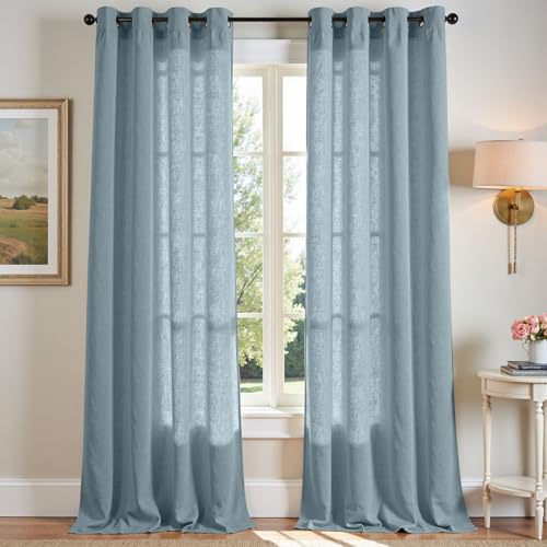 Image of jinchan Linen Curtains 96 Inch Light Filtering Grommet 2 Panels Blue