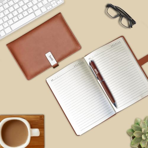 Image of Giftana Personalized Notebook Diary with Pen Gift Set for Men and Women, 2 in 1 Customized Office Diaries A5 Size Notebook, Diwali Gifts, Personalised New Year Corporate Gifts for Employees (Tan)