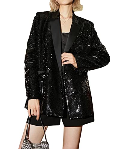 Vintage Sequins Loose 90's Blazer for Women Black Long Sleeve Notched Casual Jacker Coat3