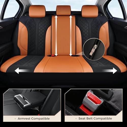 Image of Coverado Seat Covers Full Set, Brown Car Seat Covers, PU Leather & Breathable Mesh Seat Protectors, 5-Piece Automotive Seat Covers, Universal Fit for SUVs, Trucks, Sedans
