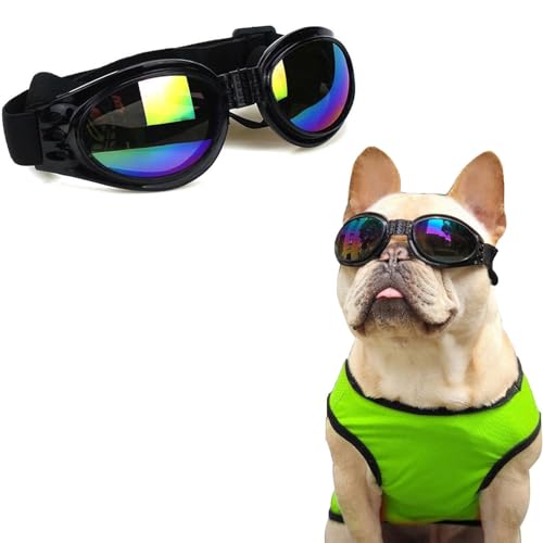 Hundebrille Sonnenbrille für Hunde Anti-UV Schutzbrille, Winddichte Wasserdichte Dog Polarized Sunglasses mit Verstellbarer Riemen für Kleine und Mittlere Hunde (1 Schwarz,Einstellbar)