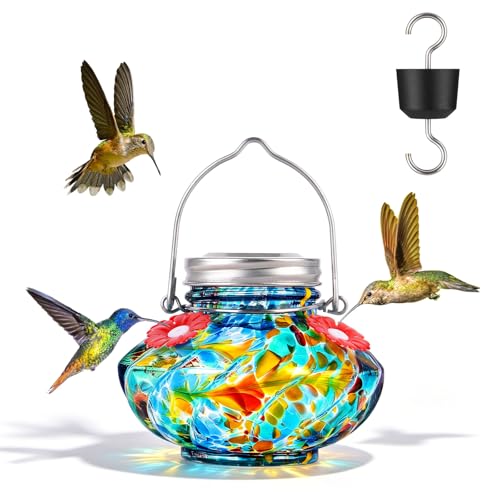 BOLITE Hummingbird Feeders for Outdoors, Hand Blown Top Fill Hummingbird Feeder, Glass Mason Jar with 4 Flower Feed Ports, Easy to Clean, Leak Proof, Bee Proof, Ant Moat, Blue, Gift for Bird