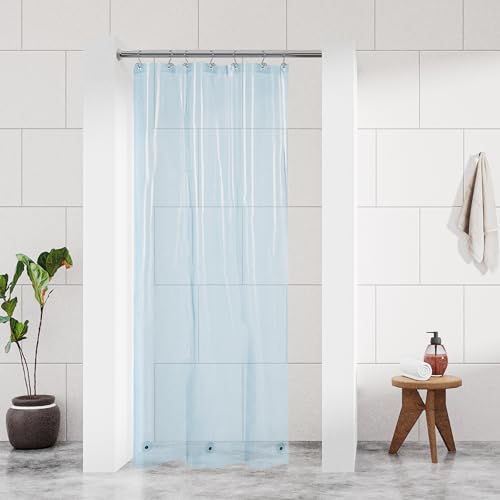Image of Barossa Design Clear Blue Stall Shower Curtain Liner with 3 Magnets - 36 inch x 72 inch Waterproof PEVA Plastic Narrow Shower Liner Lightweight for Small Bathroom, Metal Grommets - Clear Blue
