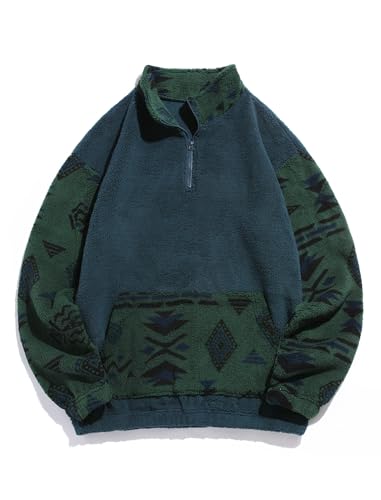 Image of ZAFUL Men 1 /4 Zipper Ethnic Aztec Fleece Unisex Winter Sweatshirt Tops 2026 | Funnel Neck Fluffy Polar Fleece Faux Sherpa Soft Thermal Pullover Kangaroo Pocket Jacket Hoodie Tops