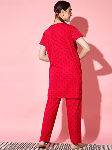 Image of Printed Round Neck Short Sleeve Nightsuit Set | Casual Night Dress for Women