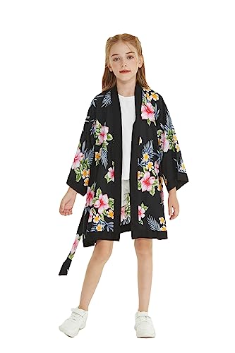 Girl Hawaiian Beach Luau Wrap Kimono Dress in Hibiscus Blue