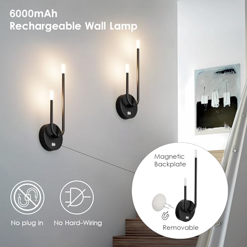 Image of Aipsun Black Battery Operated Wall Sconce Set of 2, Wireless Sconces Modern LED 3000K Rechargeable Wall Sconce Dimmable Battery Wall Light for Living Room,Bedroom