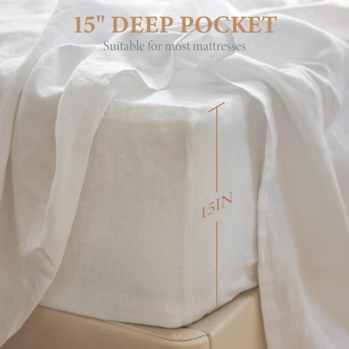 Cebihy Luxurious King Linen Sheet Set 4 Pcs, Deep Pocket, 100% French Normandy Linen, Soft, Breathable & Cooling For Hot Sleepers, Hypoallergenic Bedding Sheets & Pillowcases, White #TOP2