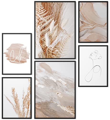Papierschmiede® Mood Poster Set Boho Acryl, Bilder Wohnzimmer Deko Schlafzimmer, 2x DIN A4 und 4x DIN A5, Beige Pampas Gras - Wandposter ohne Rahmen Cover