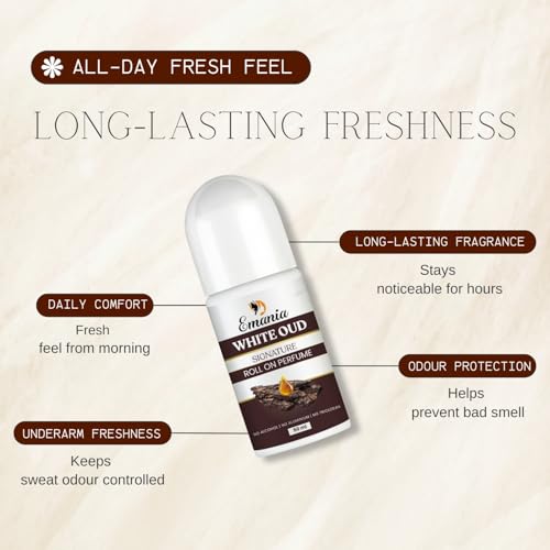 Image of Emania White Oud Underarm Roll-On Deodorant Controls Odour & Reduces Pigmentation, 0% Alcohol & 0% Aluminium, Brightens Skin & Exfoliates Underarm, Flora Fragrance, 50ml (Pack of 1)