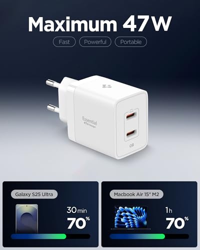 Cargador USB C 47W Spigen Adaptador de Pared Carga Rápida para Samsung S25 Ultra y Pixel 9a 2