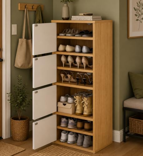 Image of 4-Door Engineered Wood Shoe Rack, 11-Tier Wooden Shoe Rack for Entryway, Shoe Storage Cabinet with Doors Adjustable Shelves, Wooden Shoes Rack Organizer - NEW (Mapple, 7 - Layer)