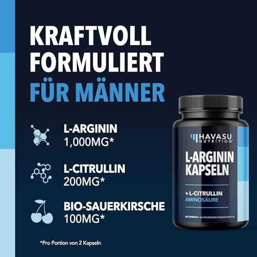L-Arginin Supplement für Männer | NO (Stickstoffmonoxid) Booster für Training & Ausdauer | L-Arginin L-Citrullin Komplex mit Sauerkirsche die Gesundheit von Männern| Ohne Gentechnik | 60 Kapseln
