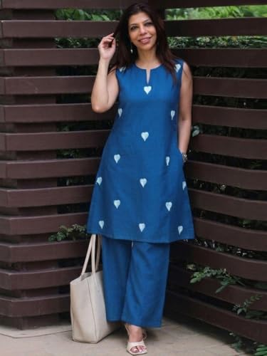 Image of ANNI Designer Kurta Set for Women Cotton Blend Embroidered | Kurti Set for Woman | Farshi Salwar Suit Kurta Palazzo Outfit | Round Neck V Slit Sleeveless Regular Fit Ethnic Dress Stylish Clothing