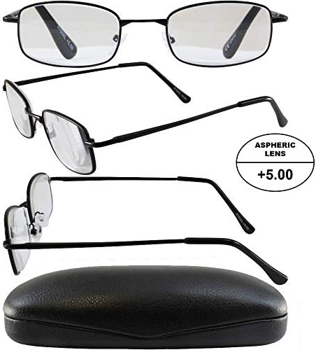 3 Pairs of Men's High-Powered Reading Glasses: Matte Black, Gold and Silver Frames and Black and Brown Cases +5.00 Magnification Clear Aspheric Lenses