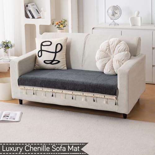 Image of HOKIPO 'Serenity Tassel' Chenille 2 Seater Sofa Cover with Tassel - Midnight Graphite (IN-891-DGRY)