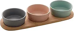 LYOR - Conjunto Petisqueira + Bandeja de Bambu e 3 Potes de Cerâmica com Capacidade 300ml cada