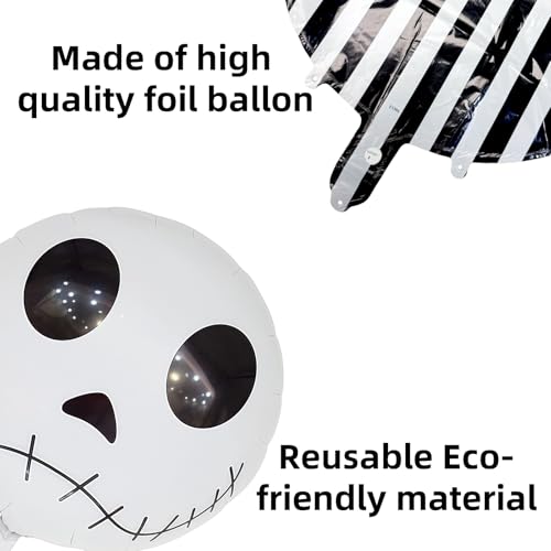 Image of Halloween Balloons Decorations 18 Inch Skull Black and White Striped Mylar Foil Balloon Skeleton Balloons for Halloween Birthday Spooky Baby Shower Party Decoration