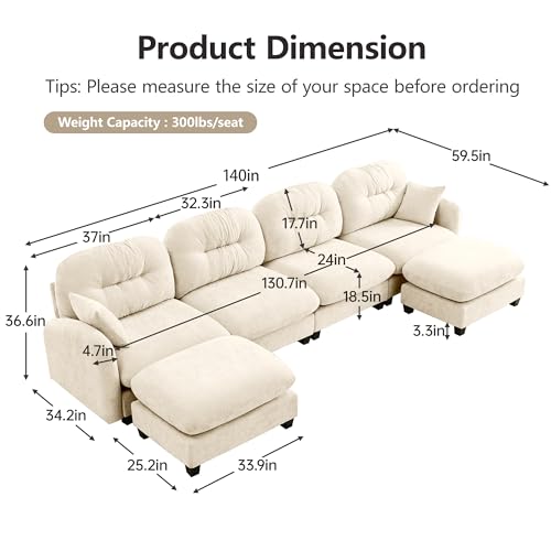 Image of KEIKI 140 inch U-Shaped Oversized Chenille Modular Sectional Sofa with 2 Ottoman, High-Density Foam Cushions, Tufted Pleated Cushion Backrest, Modern 4-Seater Couch with 2 Pillow, for Living Room, Beige