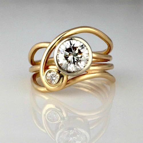 Htayekog Stackable Promise Ring, Gold Multi-Link Connected Ring, Zirconia Ring, Irregular Lines Multi Layers Gold Ring for Women (8)