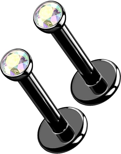 OUFER 2Pcs Black AB Nose Studs, 16G G23 Solid Titanium Threadless Stud Earrings Flat Back Tiny CZ 2.5MM Nose Helix Cartilage Tragus Conch Piercing Jewelry-6MM