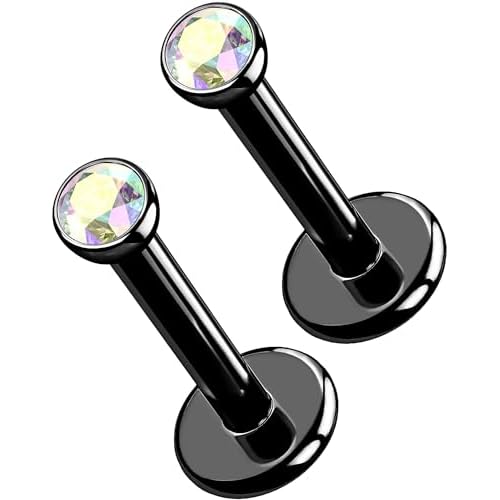 OUFER 2Pcs 20G/18G/16G G23 Titanium Threadless Nose Stud Earrings Flat Back Tiny CZ Small Nose Helix Cartilage Tragus Conch Labret Medusa Monroe Piercing Jewelry for Women Men Black AB 2pcs,