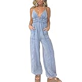 WATOIT Denim Lightweight V-Neck Jumpsuit 2024 New Casual Spaghetti Jumpsuit with Pockets Rompers for Women (Gray Blue,M), Medium
