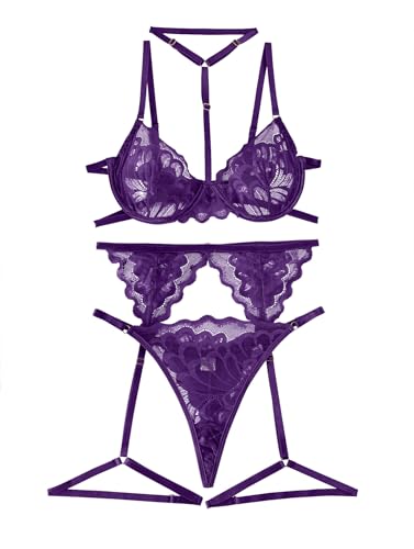 Image of Lilosy Sexy Choker Floral Lace Scallop Sheer Underwire Push Up Garter Belt Lingerie Set 3 Piece