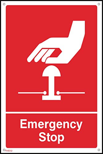 Image of Emergency Stop Red Sign - 75mm x 100mm - 1.2mm Rigid Plastic Drilled Sign (FAID32)