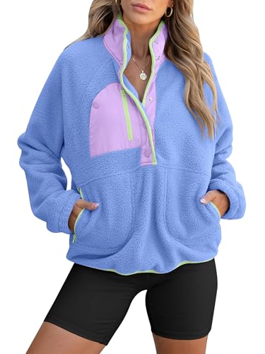 ANRABESS Women Fuzzy Fleece Pullover Sherpa Sweatshirt Long Sleeve Button Down Warm Soft Color Block Jackets with Pockets Sky blue Medium