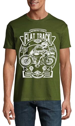 T-shirt de moto Flat Track col rond homme coton vert chasseur vintage