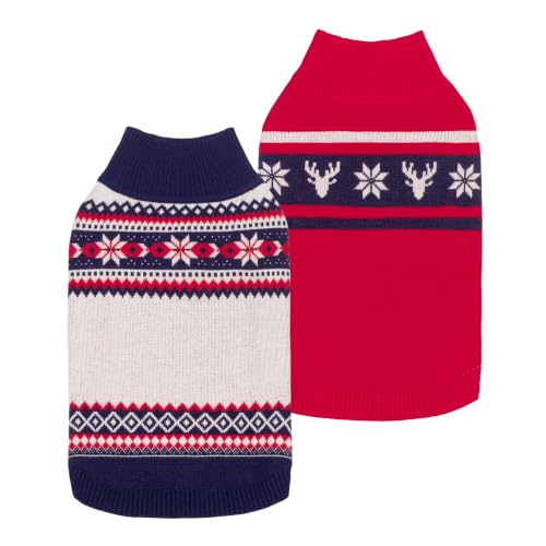 Image of Fitwarm 2 Pack Snowflake & Reindeer Dog Jacquard Sweater, Knitted Dog Christmas Outfits for Small Dogs Boy Girl, Cozy Pet Apparel, Blue, Red, White, XS