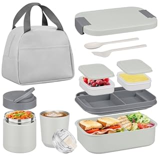 Bento Lunch Box Set with 10.5oz Soup Thermo Food Jar for Adults Kids, Stainless Steel Leak-proof Lunch Container with 4 Compartment, Coffee Tumbler with Lunch Bag for School Travel Office-Grey