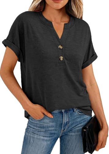 Fololy Damen Shirts Sommer Oberteile Baumwolle V-Ausschnitt Tshirt Kurzarm elegant Tunika Tops(Schwarz/L)