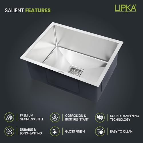 Image of LIPKA Handmade Exclusive Single Bowl Kitchen Sink - 24x18x10 inches | Premium Stainless Steel Sink with Brushed Matte Finish | Kitchen Sink Including Coupling, Waste Pipe