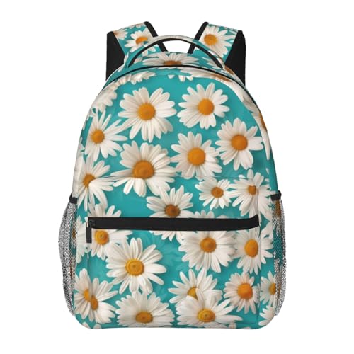 dhakalrlde Mochila floral margarida para viagens, trabalho, escola, esportes, presentes, durável, poliéster, leve, acampamento, caminhada, botânica, flores brancas, mochila para livros para mulheres e