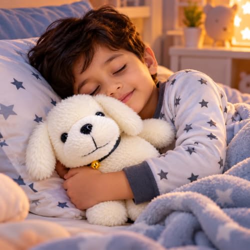 Image of ADORA White Puppy Soft Toy with Black Collar and Golden Bell, Cute Fluffy Stuffed Dog Plush for Kids, Cuddly Animal Toy for Birthday Gifts, Nursery Decor and Playtime
