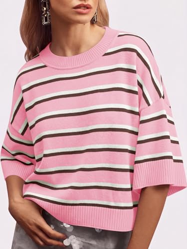 Image of Saodimallsu Womens Short Sleeve Sweater Summer Oversized Cropped Sweaters Casual Crewneck Lightweight Knit Tops