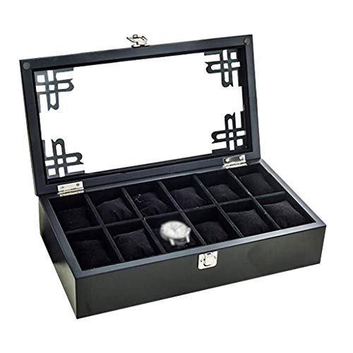 Preisvergleich Produktbild NBVCX Wohnaccessoires 12 Gitter Holzuhrbox Schmuckuhr Display Aufbewahrungskoffer Armbandablage Armband Organizer Metallverschluss 12 Abnehmbare Kissen mit Glasdeckel Schwarz