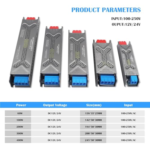 Transformateur LED 12V 400W driver alimentation AC 100V-250V muet