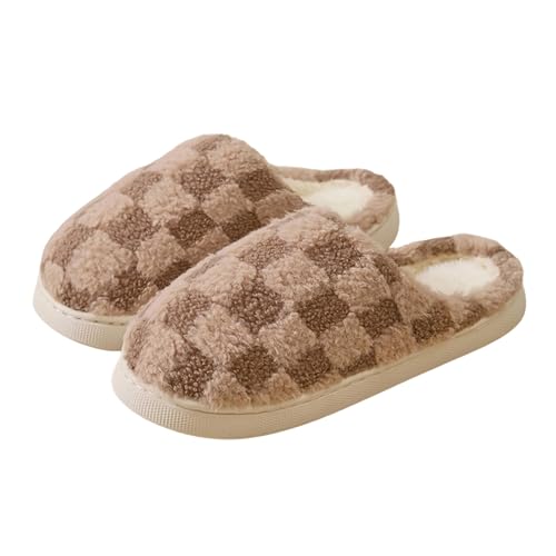 Checkered Fleece Slipper for Women Lightweight Lounging Warm Slide Winter House Sandal Anti-slip Shoes4