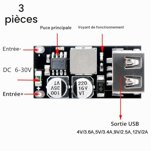 RUNCCI-YUN 3pcs DC-DC Buck Converter,Module Abaisseur Convertisseur Buck USB,4.5-32V 12V 24V à 5V QC 3.0 Module de Charge Régulateur de Tension d'alimentation Carte de Transformateur de Tens – vue 2