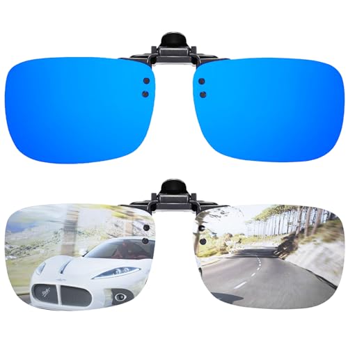 Image of Polarized Flip Up Clip-on Sunglasses Anti-Glare UV 400 Lens Fishing Driving Sunglasses Over Prescription Glasses (Blue + Silver)