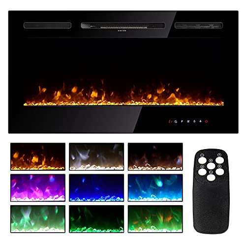 Bigzzia 40" Electric Fireplace Recessed and Wall Mounted with Touch Screen, Remote Control with Timer, Adjustable Flame Color and Speed, Log and Crystal 750-1500W