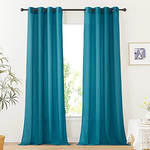 NICETOWN Peacock Green Sheer Curtains, & Drapes, Grommet Semi Sheer Linen Curtains Privacy with Light Filtering Window Treatments for Children, Adult