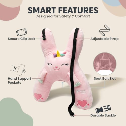 Image of Kids Car Sleeping Pillow, H-Shaped for Neck & Back Support, Pink Unicorn